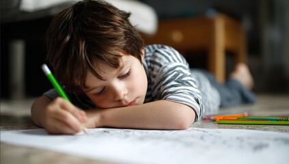 Photo of concentrated little asian girl drawing while sitting at table