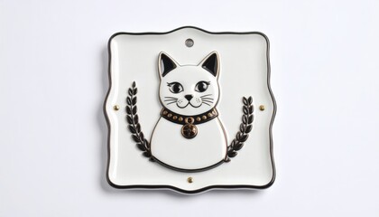 Decorative ceramic wall art featuring a smiling cat with a collar, surrounded by olive branches