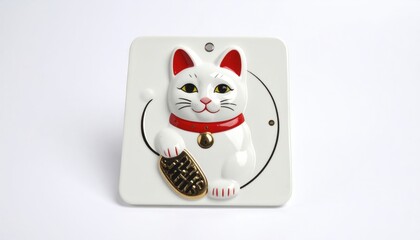 A decorative ceramic cat figurine with a red collar and golden bell, symbolizing good fortune