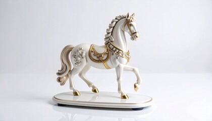 Elegant porcelain horse figurine adorned with jewels, displayed on a sleek white surface