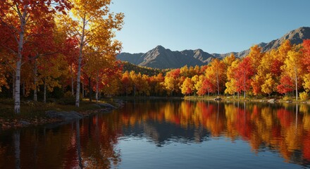 Autumn trees with colorful foliage reflect in a calm lake against a mountain backdrop.