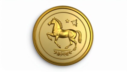 Golden coin featuring a horse design with stars and leaves on a white background