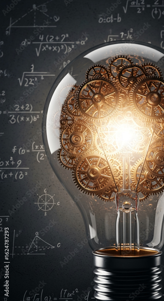 Poster glass lightbulb filled with intricate golden gears against a blackboard with mathematical formulas, 