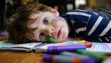 Mischievous young artist with painted cheeks lost in creative world on carpet with soft indoor light
