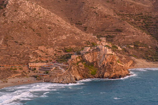 Sunset Over Stone Towers in Mani Peninsula, Greece