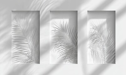 Three framed, light-and-shadowed palm leaves