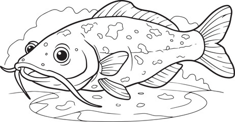 Detailed line art illustration of a catfish in the water, perfec