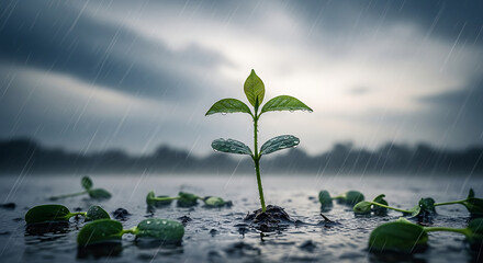 New life emerges a small plant sapling growing strong during a rainstorm, symbolizing hope and resilience.