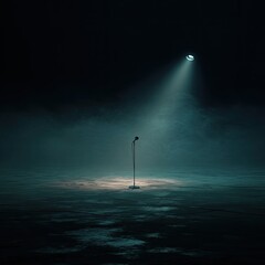 A spotlight illuminates a single microphone on a stage shrouded in mist