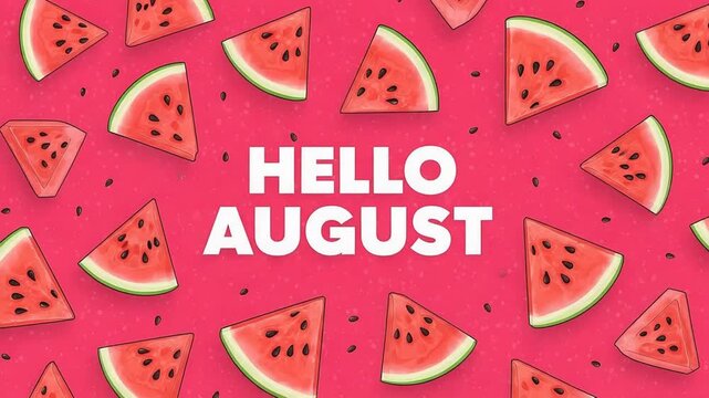 Vibrant Digital Illustration of Watermelon Slices with Bold Text Saying 'Hello August' Set Against a Bright Pink Background Perfect for Summer-Themed Designs and Seasonal Promotions
