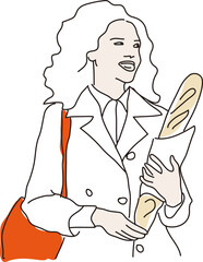 Femme française en trench-coat avec une baguette de pain et un sac à main