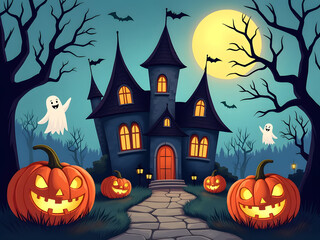 Haunted Castle with Glowing Pumpkins under Full Moon