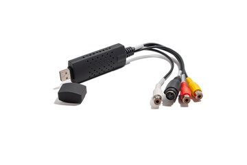 USB video grabber with AV and S-Video inputs. A USB video converter with AV and S-Video connectors and a protective cap. Perfect for digitizing analog video signals, isolated on a white background.