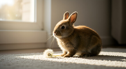 Adorable brown bunny with a dandelion flower basking in the sunlight indoor