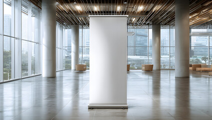 brand with a mockup of a empty roll-up standee banner in an office hall