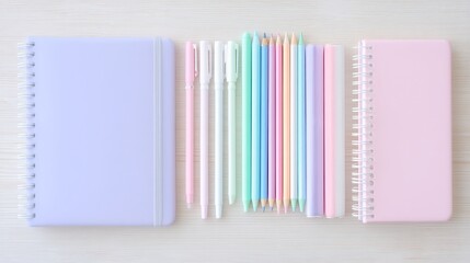 Pastel School Supplies Arrangement, A neat collection of pastel pens, pencils, and notebooks on a light wooden desk, warm ambiance, minimalistic style, perfect for back to school 2025