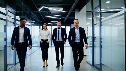 Energetic business team walking confidently through a modern office space environment - Powered by Adobe