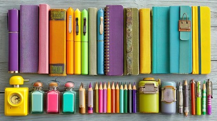 Obraz premium Pastel School Supplies Arrangement, a visually appealing flat lay of neatly organized pens, pencils, and notebooks on a light wooden desk, perfect for back to school 2025.