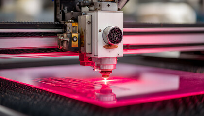 Closeup industrial CO2 laser cutting machine working with high powered red laser beam on acrylic or glass plate, studio lighting. with white shades