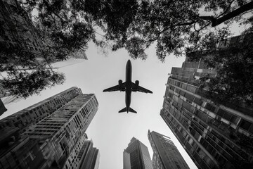 A black and white view of a plane flying over city buildings.  A low-angle shot looking upward at the sky, with trees between the skyscrapers and the aircraft