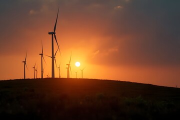Obraz premium A sunset behind wind turbines on a grassy hill. 