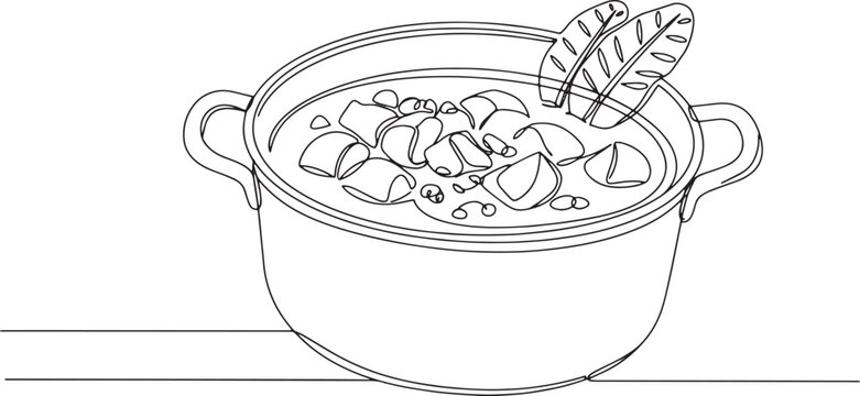 Single line drawing of traditional malagasy romazava stew in a p