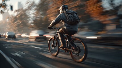 A cyclist rides through the city streets at night amidst a rainstorm, illuminated by vibrant city lights and reflections