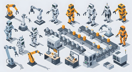 Isometric View of Robots and Machinery in an Automated Factory Setting, Depiction of Advanced Technology and Industrial Automation