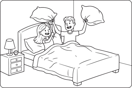 Line art illustration of a couple enjoying a playful pillow figh