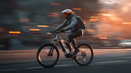 A cyclist rides through the city streets at night amidst a rainstorm, illuminated by vibrant city lights and reflections