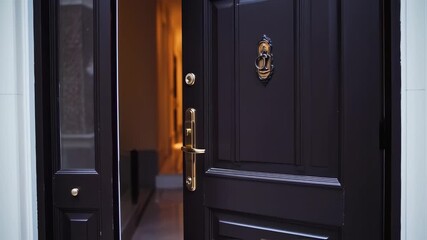 Elegant entrance: Inviting glimpse into a warm, illuminated hallway through an open doorway