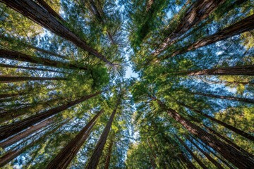 Looking up at tall trees in a forest