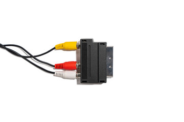 SCART adapter with AV cables. A SCART adapter connected to yellow, red, and white AV cables. Isolated on a white background, ideal for retro electronics.