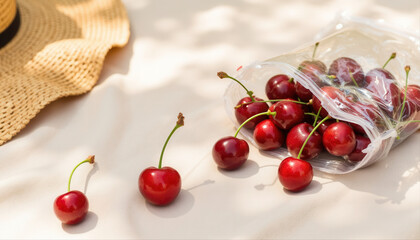 Fresh red cherries spilling from a plastic bag on beige table  