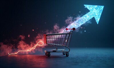 A glowing shopping cart with an upward trend arrow and a rising data line, symbolizing market growth and retail success.