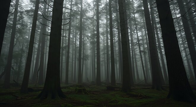 Mysterious Fog Envelops Towering Pine Trees in a Dark, Mossy Forest - Powered by Adobe