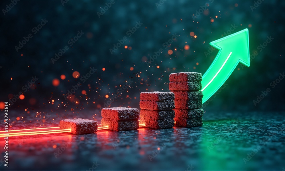 Poster a striking visual of escalating blocks, illuminated by a glowing upward arrow, symbolizing progress,