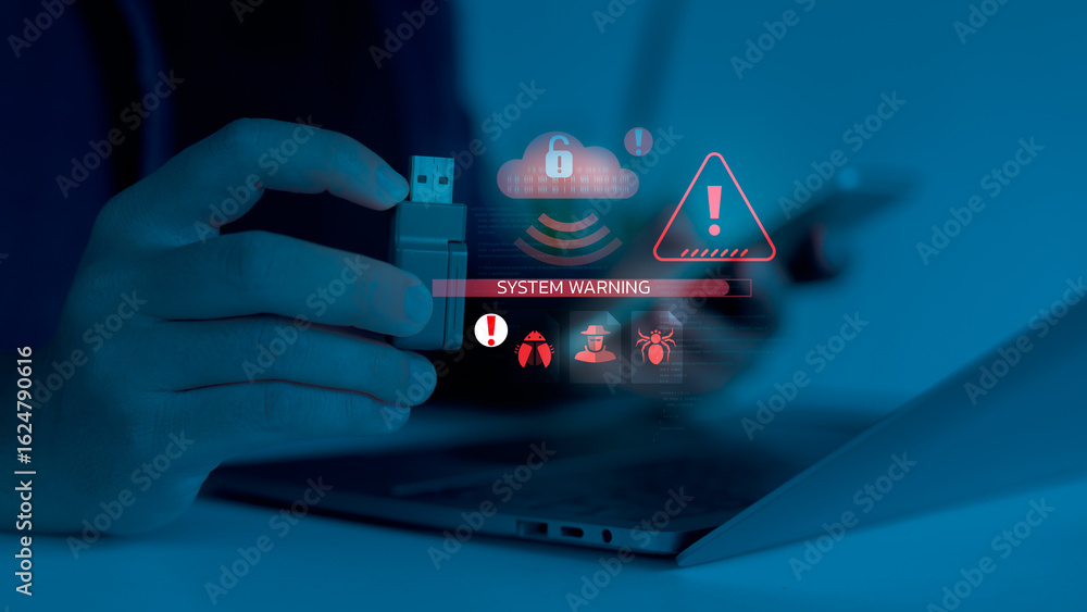 Aufkleber close-up of a hand plugging a usb with digital system warning and malware alert icons. concept of cy