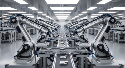 High-Tech Assembly Line Featuring Industrial Robots in a Modern Factory, Automated Manufacturing with Robotic Arms and Conveyor Belts in a Clean Room