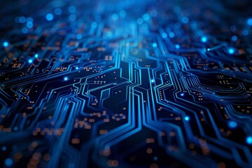 Futuristic tech circuit board with pulsing electric lines, glowing elements, deep blue tech background.