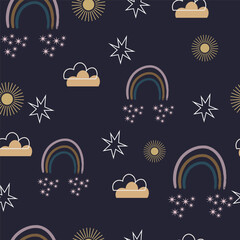 Mobile  Cute seamless pattern  with star , cloud, baby rainbow , boho rainbow,  on black background  design for kids cloth, tile , wallpaper, fabric, textile, cards, covers ,banners ,branding 
