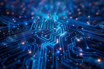 Futuristic tech circuit board with pulsing electric lines, glowing elements, deep blue tech background.