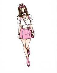 Illustration of a young woman with sunglasses wearing a pink skirt and boots walking forward casually
