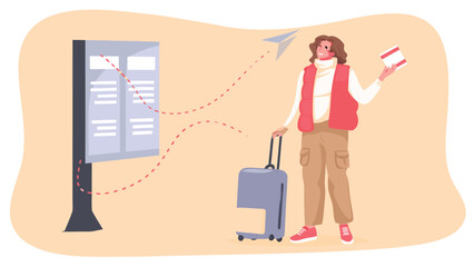 Woman at airport with suitcase holding tickets next to flight schedule and paper airplane in background