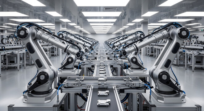 High-Tech Assembly Line Featuring Industrial Robots in a Modern Factory, Automated Manufacturing with Robotic Arms and Conveyor Belts in a Clean Room