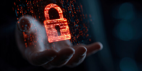 Cybersecurity breach concept with a hand holding an unlocked padlock symbol, surrounded by binary code, representing data leakage, system vulnerability, and digital access threats.