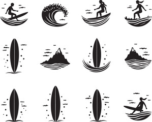 Dynamic surfing icons capture wave riding and mountain adventure