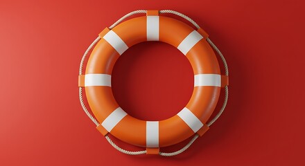Pristine Orange and White Lifebuoy with Rope Detail on a Bold Red Surface
