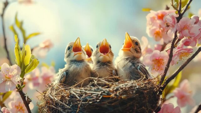 Baby bird nest spring flower nature wildlife animal open beak chirping young hatchling hungry blossom flowers vibrant natural environment sounds of wildlife and animal life in springtime nature scene
