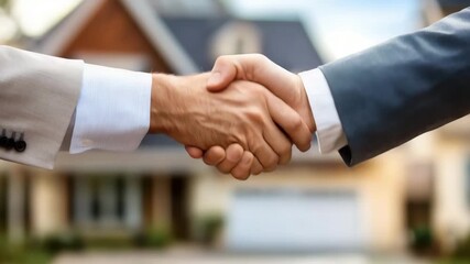 Handshake business agreement and partnership contract outdoor front of house suit symbolizing real estate deal trust and professional business deal with warm atmosphere and blurred residential - Powered by Adobe